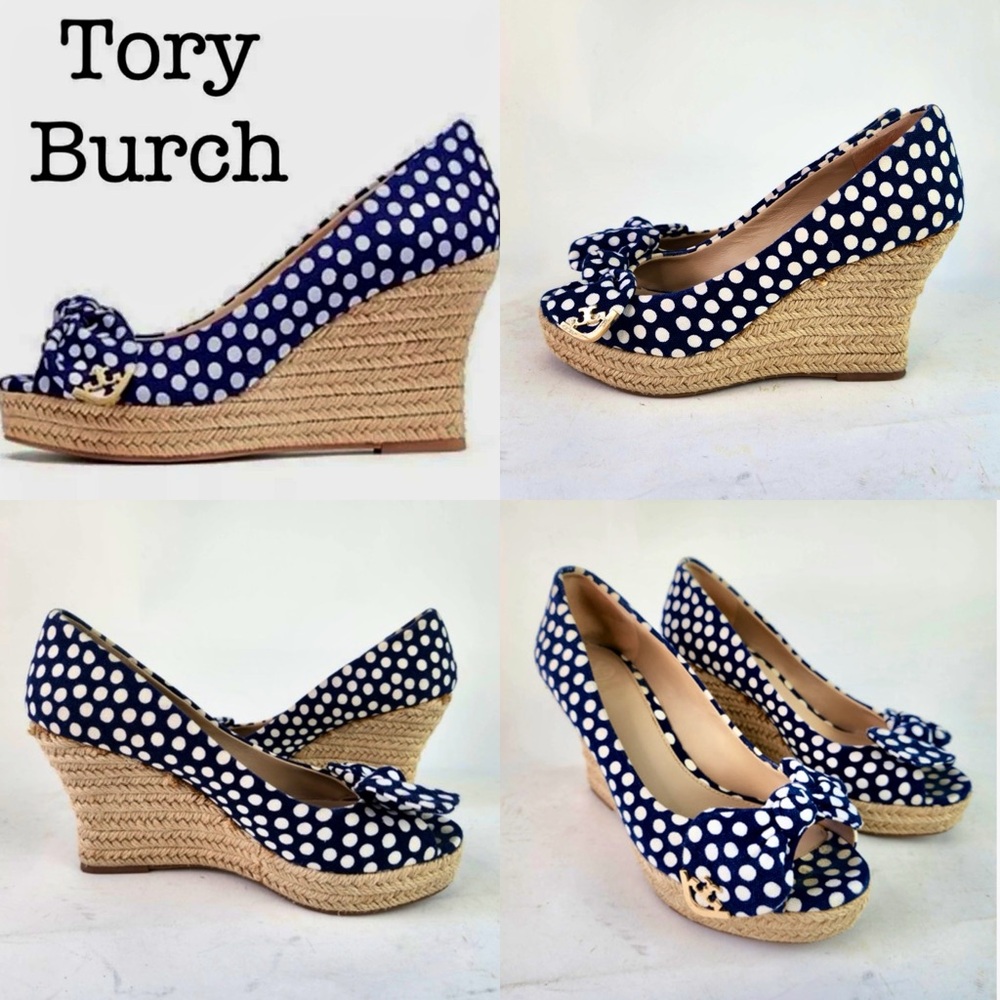 Tory Burch Dory 85MM Peep Toe Espadrille Polka Dot Canvas Designer #158